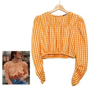 Zara Checkered Crop Top Orange White Long Puff Sleeves Size Small NWOT